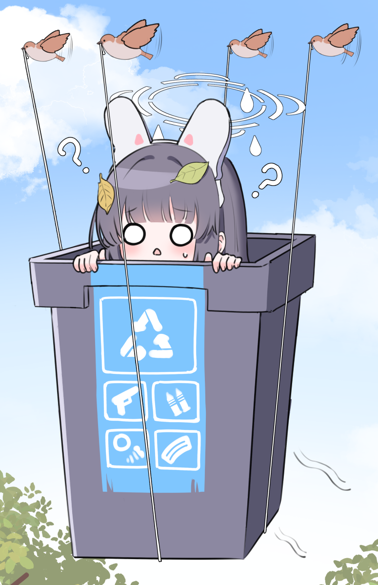 1girl, ?, animal_ears, bird, black_hair, blue_archive, blue_sky, blunt_bangs