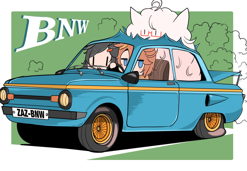 3girls, :3, absurdres, ahoge, animal_ears, biwa_hayahide_(umamusume), black_hair, blue_car, blue_eyes, bnw_(umamusume), brown_hair, car, chibi, flat_tire, glasses, hair_ornament, hairclip, highres, horse_ears, horse_girl, motor_vehicle, multiple_girls, narita_taishin_(umamusume), smoke, tf_cafe, umamusume, vehicle_focus, white_hair, winning_ticket_(umamusume), zaporozhets_zaz-968, |_|