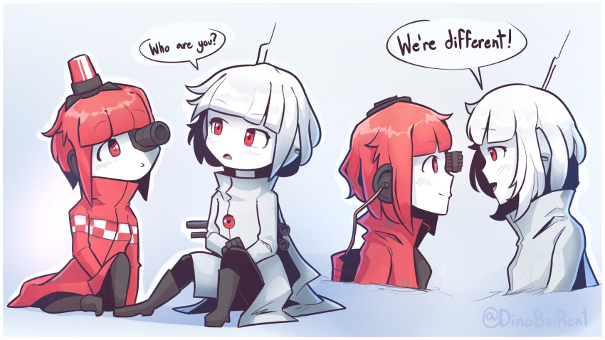 2girls, alarm_siren, antennae, artist_name, black_footwear, blunt_bangs, boots, borrowed_character