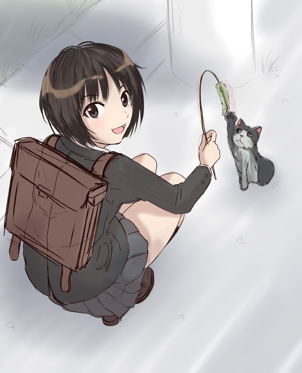 1girl, :d, amagami, backpack, bag, birthday, black_cardigan, black_skirt