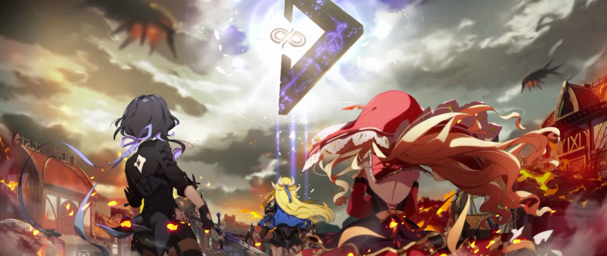 3girls, aircraft, airship, armor, back_cutout, backless_dress, backless_outfit, black_gloves