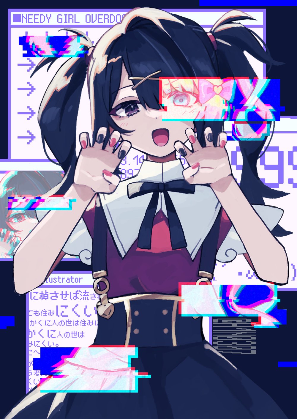 1girl, :d, ame-chan_(needy_girl_overdose), black_eyes, black_hair, black_nails, black_ribbon, black_skirt, blue_eyes, blue_hair, bow, chouzetsusaikawa_tenshi-chan, collar, collared_shirt, commentary, glitch, hair_bow, hair_ornament, hair_tie, hairclip, highres, hino_(h1n0307), jirai_kei, looking_at_viewer, multicolored_nails, nail_polish, neck_ribbon, needy_girl_overdose, open_mouth, paw_pose, pink_bow, pink_hair, red_nails, red_shirt, ribbon, shirt, shirt_tucked_in, skirt, smile, solo, suspender_skirt, suspenders, twintails, white_collar, window_(computing), x_hair_ornament