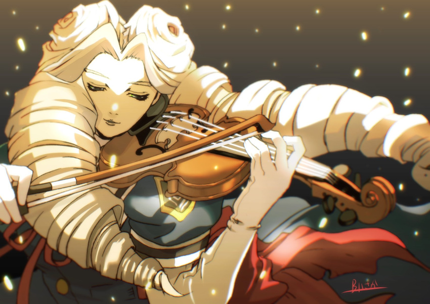 1girl, blue_dress, burning_isaka, commentary_request, dress, drill_hair, elbow_gloves, gloves, green_eyes, highres, instrument, kirishima_yurika, music, playing_instrument, project_justice, red_ribbon, ribbon, rival_schools, signature, solo, twin_drills, violin, white_gloves, white_hair