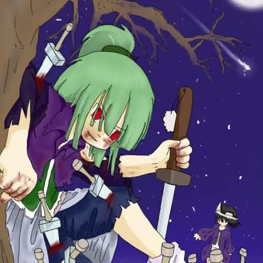 2others, adagumo_no_saragimaru, bad_deviantart_id, bad_id, bad_source, black_hair, black_shirt, black_sleeves, blood, blood_on_face, blood_on_hands, blood_on_leg, blue_shorts, blunt_bangs, capelet, clenched_hand, defeat, faceless, frilled_hat, frills, green_hair, hair_ornament, hat, holding, holding_sword, holding_weapon, hood, hooded_jacket, jacket, japanese_clothes, knife, len'en, mob_cap, multiple_others, night, night_sky, ponytail, purple_capelet, purple_jacket, red_eyes, shirt, shitodo_kuroji, shooting_star, short_hair, shorts, sky, snake_hair_ornament, socks, stab, star_(sky), sword, too_many, too_many_knives, torn_clothes, tree, triangular_headpiece, weapon, white_socks, wide_sleeves, wodkanna