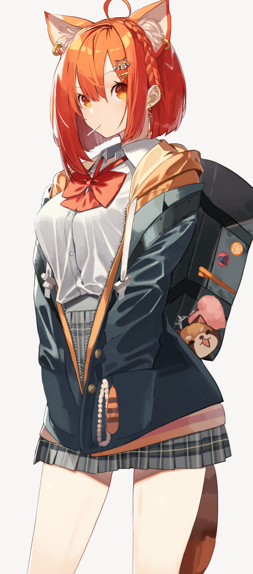 1girl, absurdres, ahoge, animal_ears, bag, black_jacket, bow, bowtie, braid, breasts, commentary_request, earrings, grey_background, grey_skirt, hands_in_pockets, highres, jacket, jewelry, long_sleeves, looking_at_viewer, medium_breasts, mouth_hold, nijisanji, orange_eyes, plaid, plaid_skirt, ratna_petit, ratna_petit_(5th_costume), red_bow, red_bowtie, red_panda_ears, red_panda_girl, red_panda_tail, redhead, senmu_(senmudayo), shirt, short_hair, simple_background, skirt, solo, standing, star_(symbol), star_earrings, tail, thighs, virtual_youtuber, white_shirt