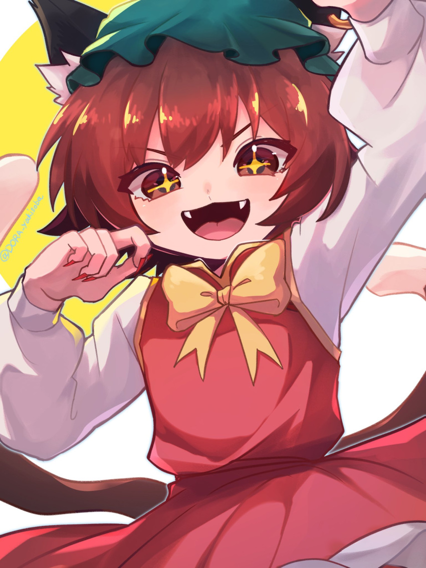 1girl, animal_ears, brown_eyes, brown_hair, cat_ears, cat_tail, chen, dora_yakisoba, dress, earrings, fangs, fingernails, green_headwear, hat, highres, jewelry, long_fingernails, long_sleeves, mob_cap, multiple_tails, nail_polish, open_mouth, red_dress, red_nails, sharp_fingernails, short_hair, single_earring, smile, solo, tail, touhou, twitter_username, two_tails, upper_body