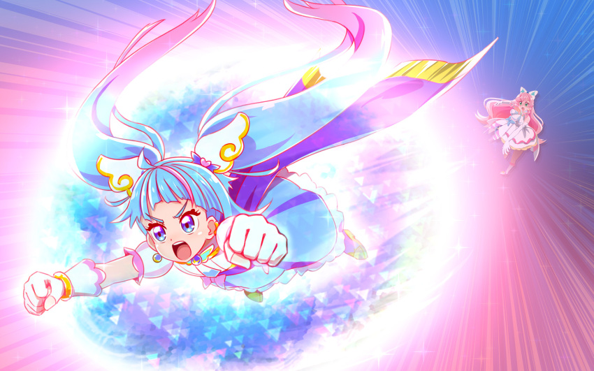 2girls, blue_dress, blue_hair, blue_skirt, cure_prism, cure_sky, dress, gloves