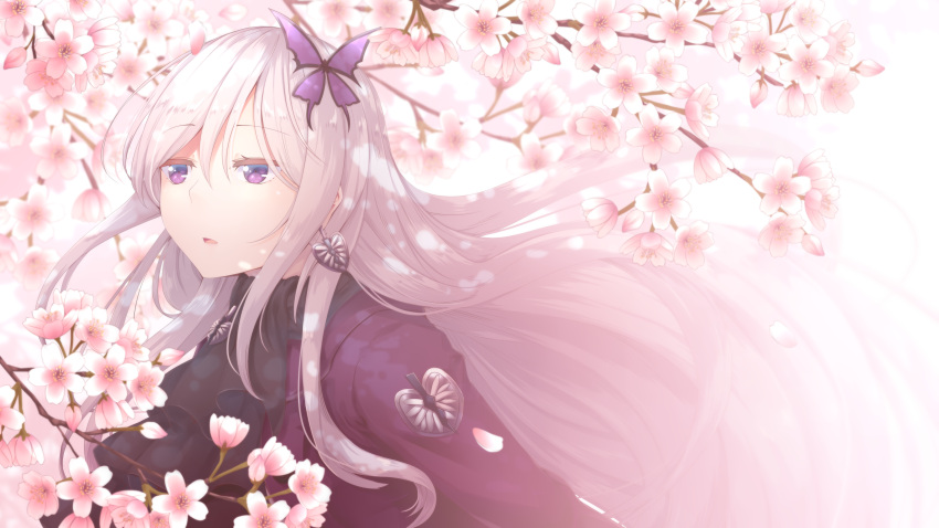 1girl, absurdres, ascot, black_ascot, branch, butterfly_hair_ornament, cherry_blossoms, day