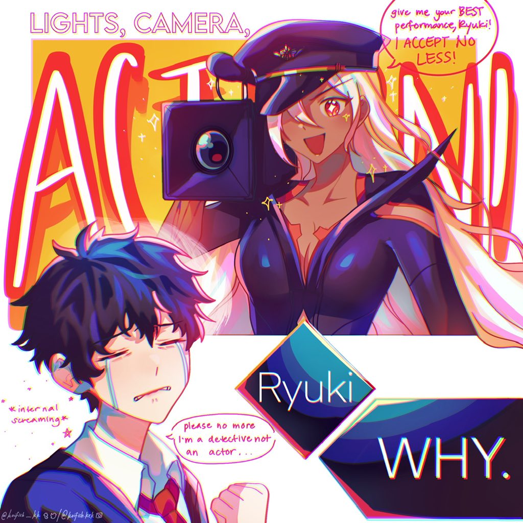 +_+, 1boy, 1other, ai_the_somnium_files, ai_the_somnium_files:_nirvana_initiative, black_hair, camera, closed_eyes, commentary, crying, diamond_(shape), english_commentary, english_text, hat, holding, holding_camera, koifish_kk, long_hair, open_mouth, police_hat, red_eyes, ryuki_kuruto, short_hair, speech_bubble, star_(symbol), streaming_tears, tama_(ai_the_somnium_files), tears, white_hair