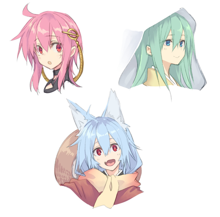 10mo, 3girls, ahoge, ajirogasa, animal_ears, argyle, argyle_cutout, blue_hair