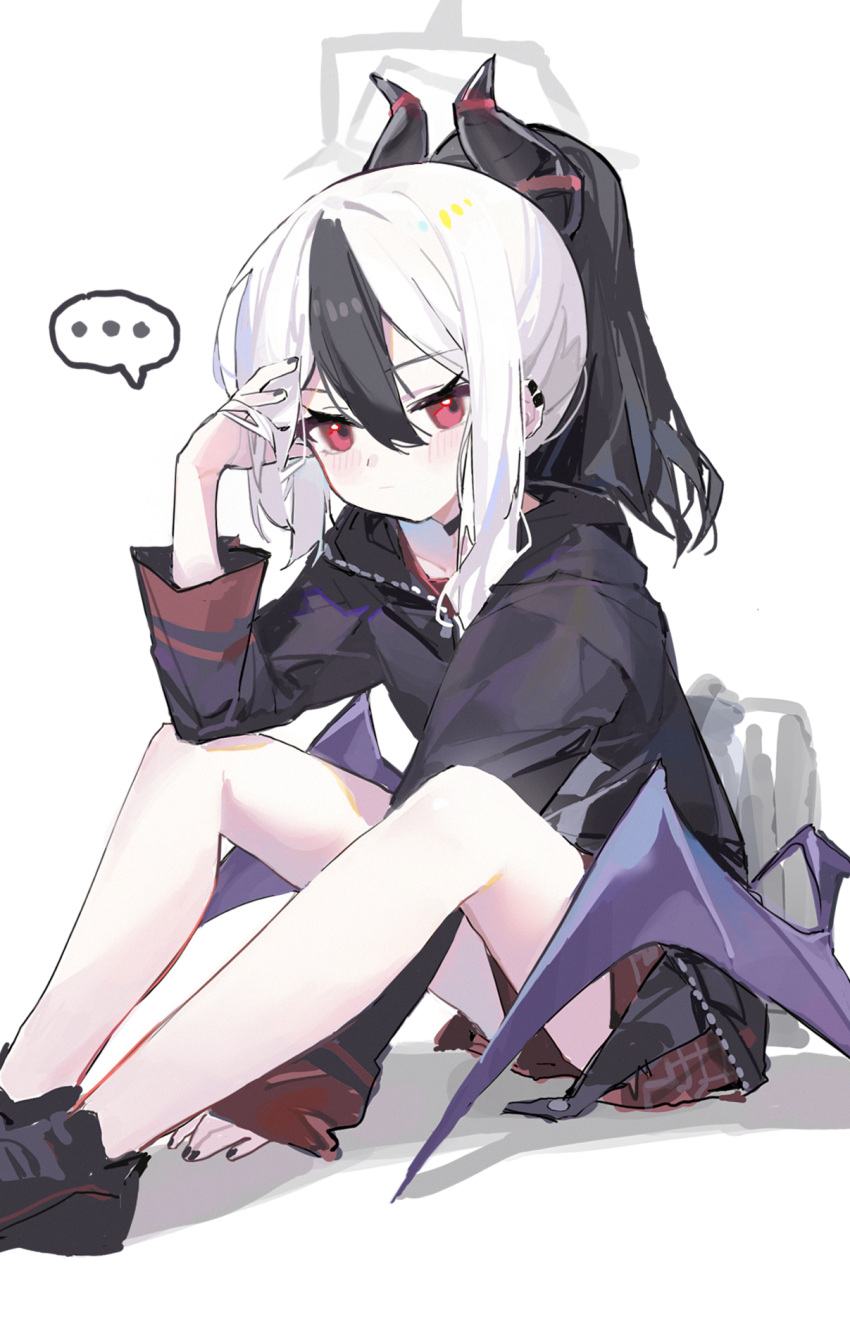 ..., 1girl, arm_on_knee, black_choker, black_footwear, black_hair, black_hoodie, black_nails