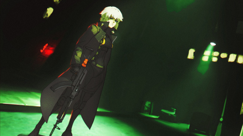 1girl, absurdres, argent_moon, blue_eyes, cyberpunk, gun, highres, holding