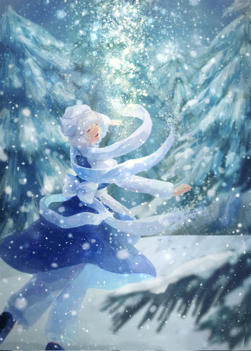 1girl, blue_dress, blue_skirt, branch, closed_eyes, dress, footprints, forest