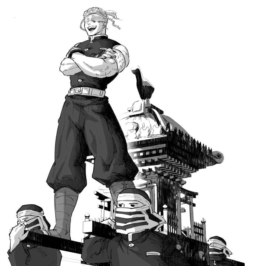 1boy, 3others, armlet, belt, blindfold, bracelet, carrying_over_shoulder, commentary_request, covered_eyes, covered_mouth, crossed_arms, demon_slayer_uniform, earrings, extra_ears, facial_mark, floating_hair, forehead_protector, greyscale, hat, highres, jewelry, kakushi_(kimetsu_no_yaiba), kimetsu_no_yaiba, laughing, leg_wrap, legs_apart, litter_(vehicle), makeup, mask, monochrome, mouth_veil, multicolored_nails, multiple_others, nail_polish, no_eyes, open_mouth, pants, pants_tucked_in, ponytail, simple_background, sleeveless, solo_focus, standing, tale_zo, uzui_tengen, veil