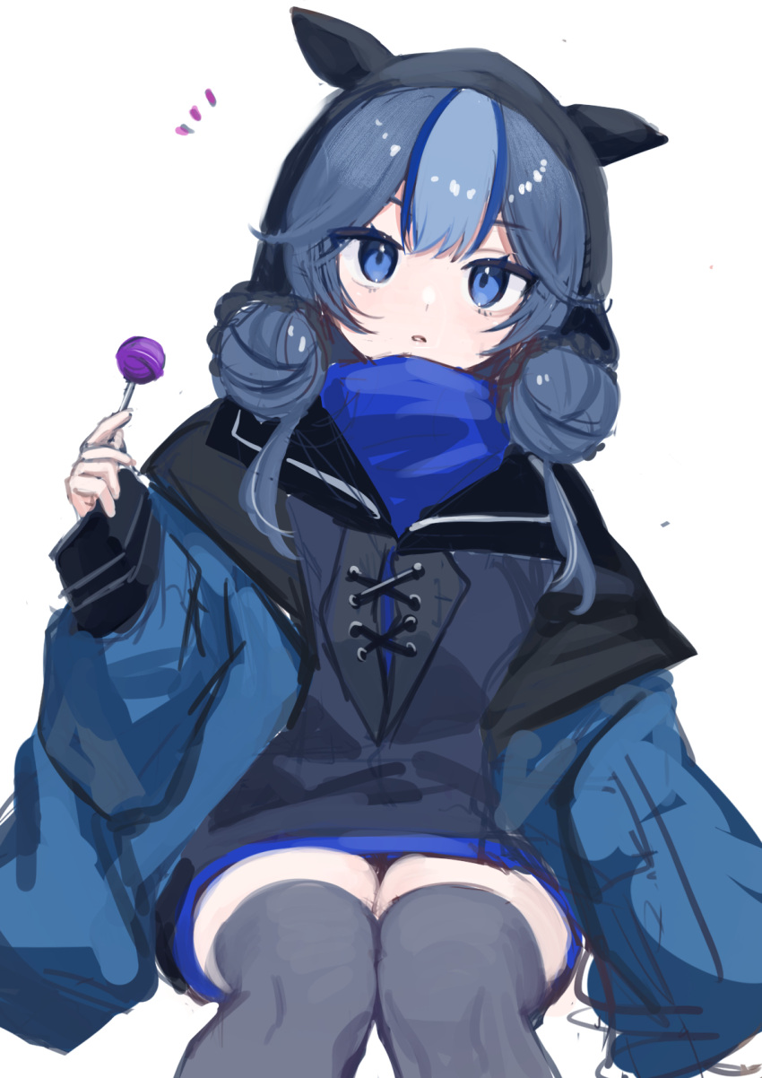 1girl, aizuki_sui, arknights, black_hood, black_thighhighs, blue_eyes, blue_hair, blue_jacket