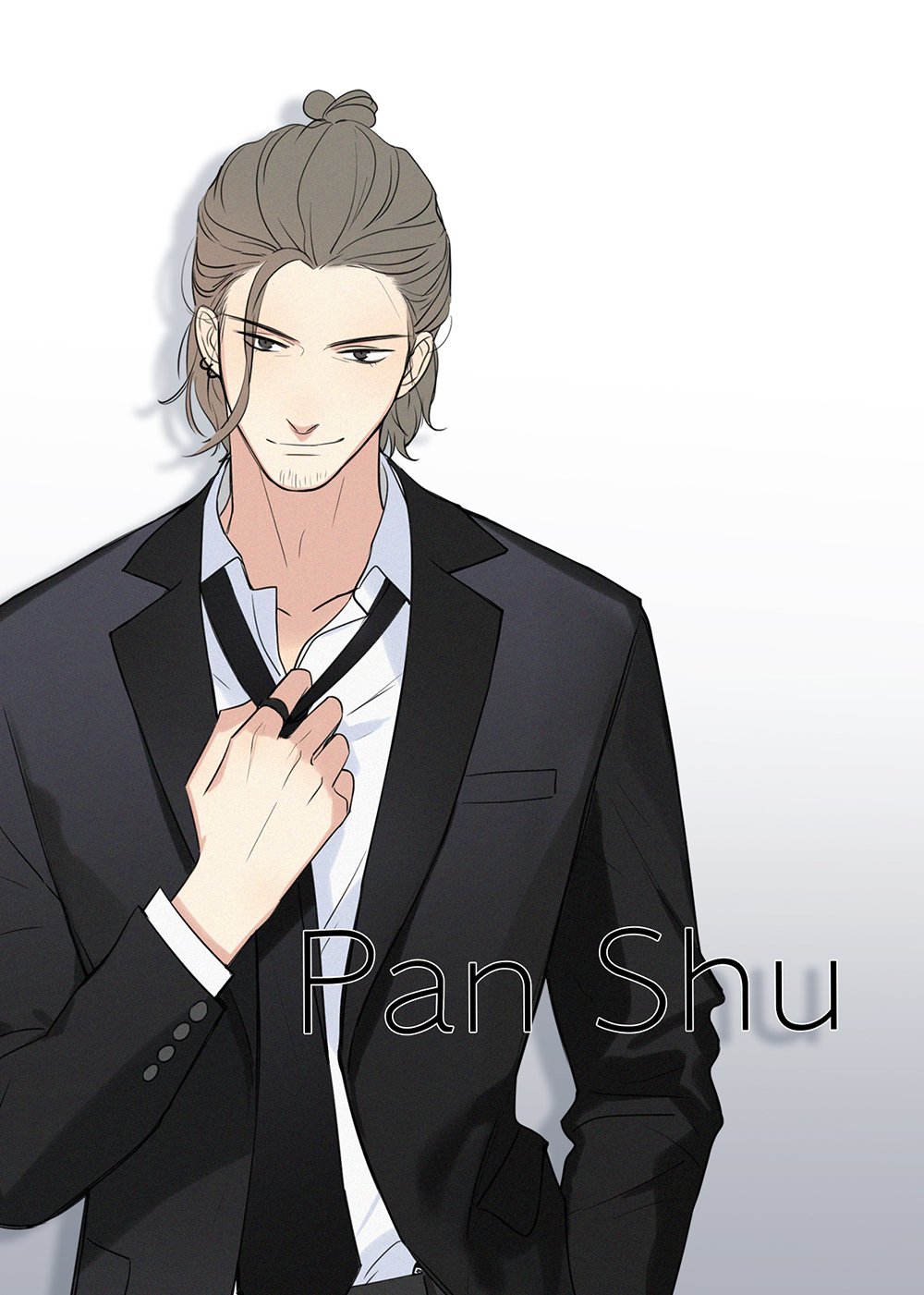 1boy, adjusting_clothes, adjusting_necktie, black_jacket, black_necktie, breast_pocket, brown_eyes, brown_hair