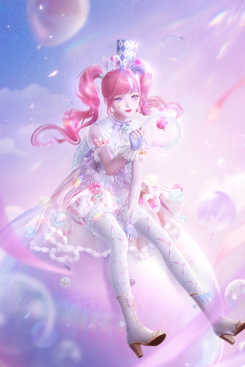 1girl, 3d, absurdres, balloon, blue_gloves, brown_footwear, bubble, children's_day