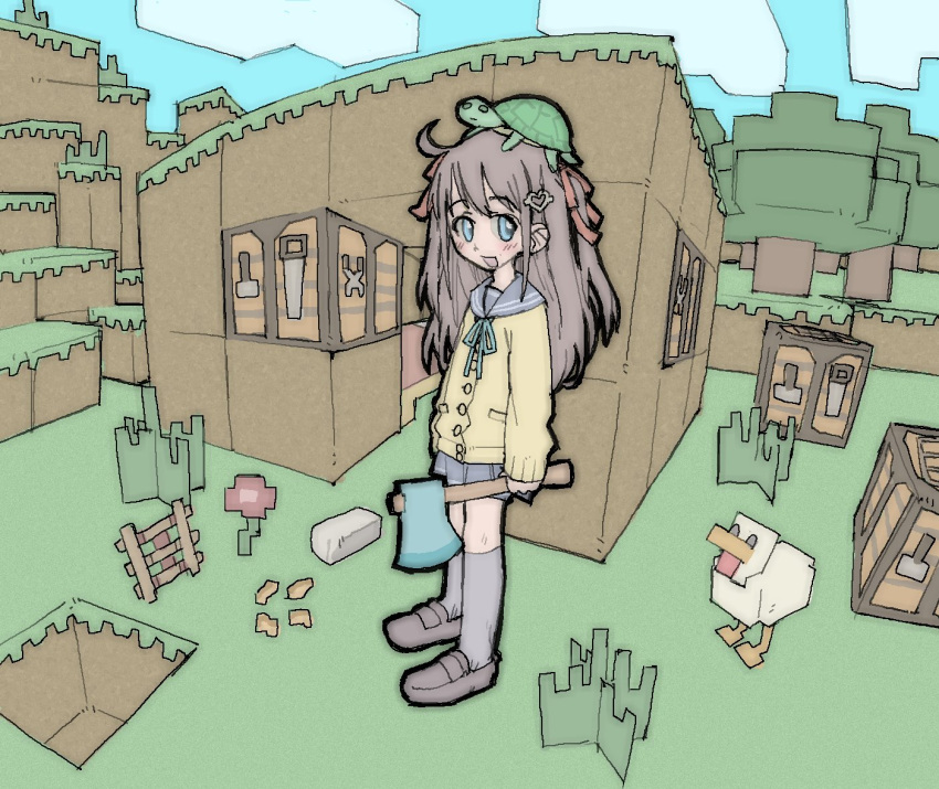1girl, :d, ahoge, axe, bird, black_outline, block, block_(minecraft)