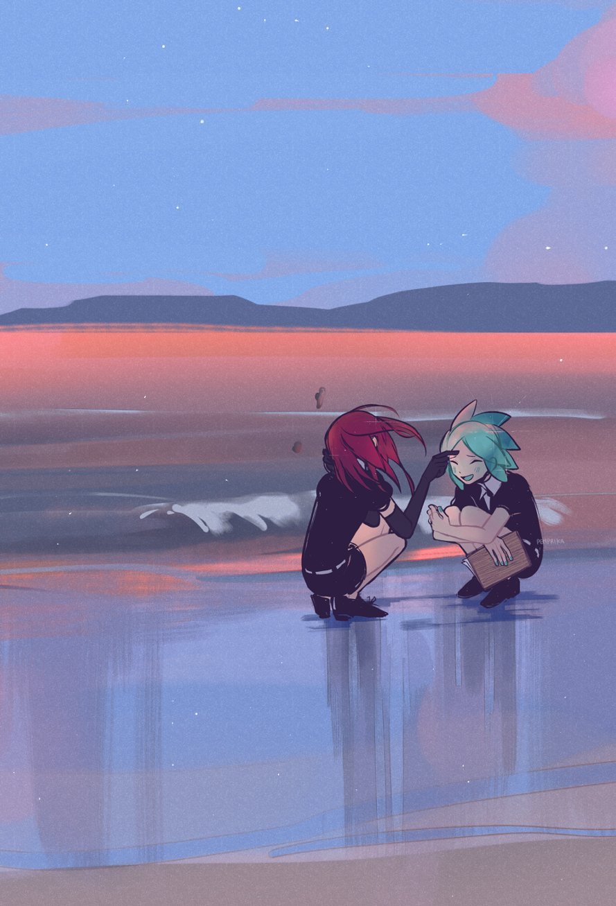 2others, androgynous, cinnabar_(houseki_no_kuni), elbow_gloves, gem_uniform_(houseki_no_kuni), gloves, green_hair, happy, highres, houseki_no_kuni, multiple_others, ocean, other_focus, pemprika, phosphophyllite, poking, redhead, short_hair, shorts, squatting, uniform