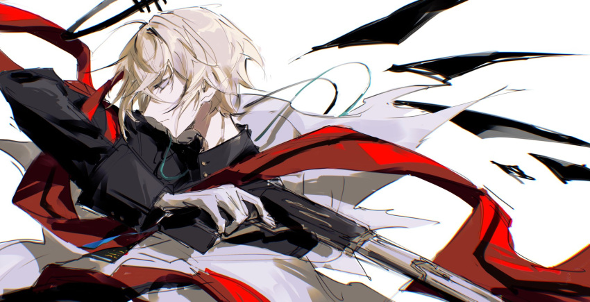 1boy, arknights, black_shirt, black_wings, brown_hair, closed_eyes, closed_mouth, collared_shirt, commentary, detached_wings, executor_(arknights), executor_the_ex_foedere_(arknights), from_side, gloves, gun, halo, highres, holding, holding_gun, holding_weapon, long_sleeves, male_focus, porilas2, shirt, simple_background, sketch, solo, upper_body, weapon, white_background, white_gloves, wings