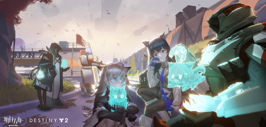 1other, 3girls, absurdres, amiya_(arknights), animal_ear_fluff, animal_ears, arknights, biting, black_footwear, black_hair, black_jacket, black_pantyhose, black_vest, blue_gloves, blue_shorts, brown_hair, brown_pantyhose, character_request, commentary_request, destiny_(game), doctor_(arknights), fingerless_gloves, gloves, grey_eyes, grey_hair, highres, hood, hood_up, hooded_jacket, jacket, lappland_(arknights), long_sleeves, multiple_girls, open_clothes, open_jacket, outdoors, pantyhose, pantyhose_under_shorts, ponytail, qaqsama, rabbit_ears, robot, sharp_teeth, shirt, shoes, short_shorts, shorts, teeth, texas_(arknights), vest, white_shirt, x_x