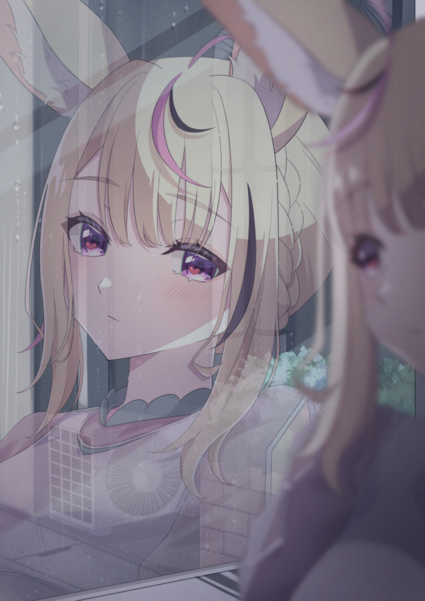 1girl, absurdres, air_conditioner, akashi_(4kc_27), animal_ears, black_hair, blonde_hair, blouse