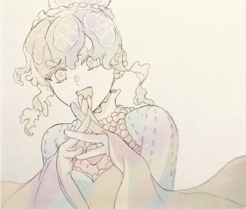 1girl, :d, absurdres, beads, hair_bun, hands_up, highres, houseki_no_kuni, looking_at_viewer, monochrome, monster_girl, mt5_014, open_mouth, own_hands_together, simple_background, single_hair_bun, slug_girl, smile, solo, tentacle_hair, traditional_media, updo, upper_body, variegatus
