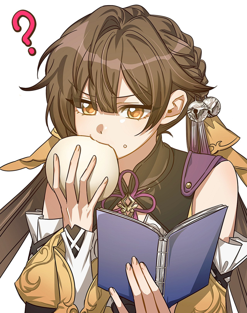 1girl, ?, baozi, bare_shoulders, bell, black_vest, braid, brown_eyes