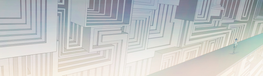 1other, blue_hair, building, dutch_angle, from_behind, highres, houseki_no_kuni, moon_uniform_(houseki_no_kuni)