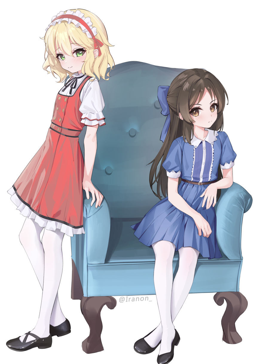 2girls, absurdres, arm_support, armchair, belt, black_footwear, black_hair, black_ribbon