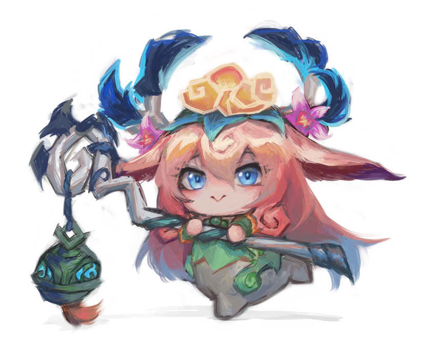 1girl, :>, blonde_hair, blue_eyes, full_body, hair_between_eyes, hair_ornament, highres, holding, holding_staff, horns, horse_girl, league_of_legends, lillia_(league_of_legends), long_hair, looking_at_viewer, lxi_(lxi141), multicolored_hair, pink_hair, shan_hai_scrolls_lillia, simple_background, solo, staff, white_background