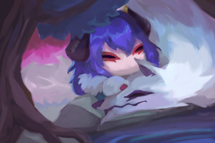 1girl, black_horns, hair_between_eyes, horns, kindred_(league_of_legends), lamb_(league_of_legends), league_of_legends, long_hair, long_sleeves, lxi_(lxi141), lying, mask, purple_hair, spirit_blossom_kindred, tree, wolf_(league_of_legends)