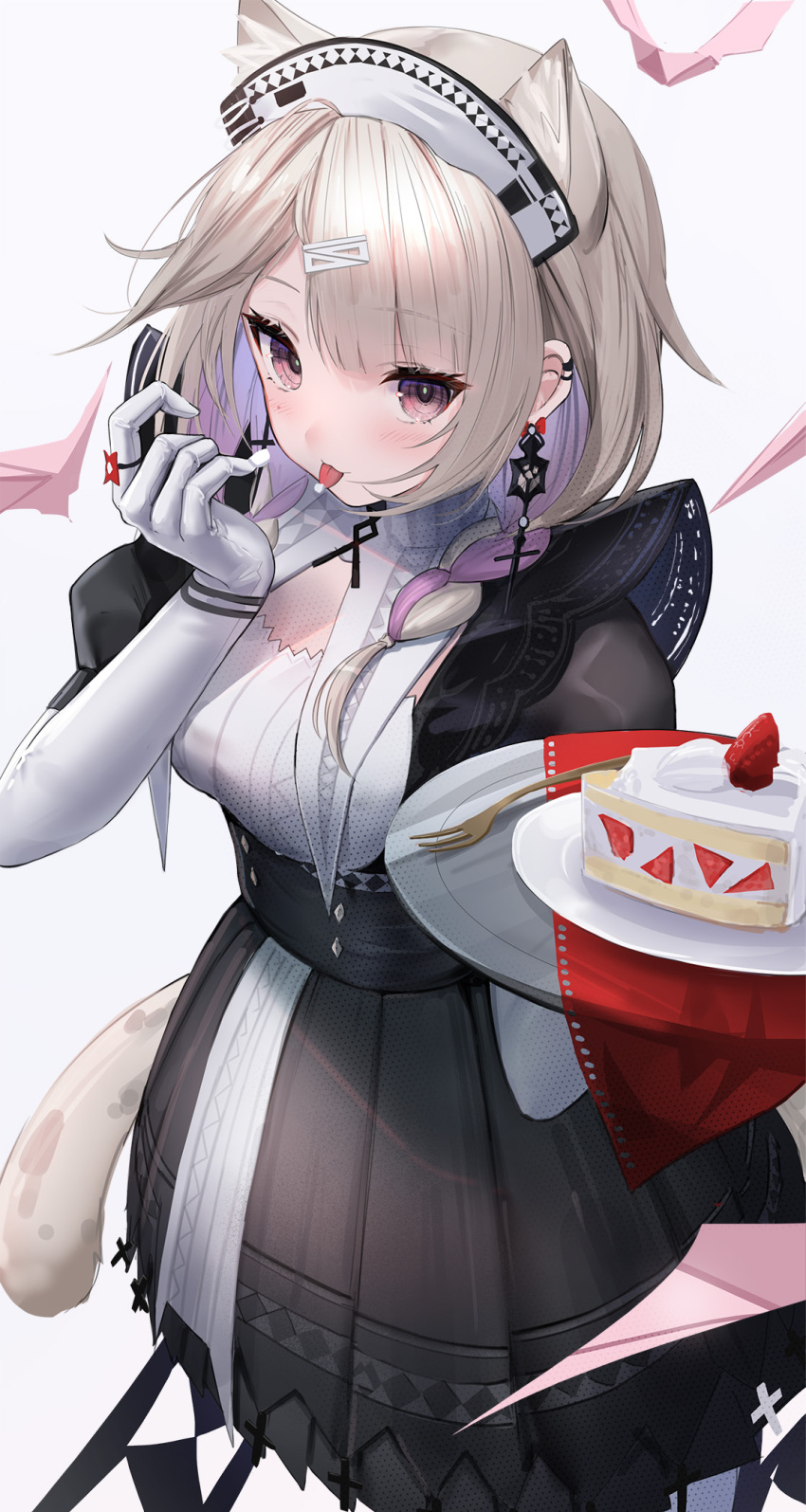 1girl, :3, :p, animal_ears, arknights, black_dress, blonde_hair, braid