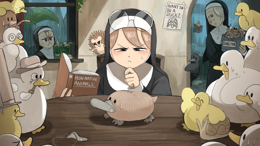 3girls, bandaid, bandaid_on_face, bird, blue_eyes, book, brown_eyes, brown_hair, catholic, chicken, crow, diva_(hyxpk), duck, earthworm, english_commentary, eyewear_on_head, fake_beak, froggy_nun_(diva), glasses, glasses_nun_(diva), grey_hair, habit, hat, hedgehog, highres, leaf_nun_(diva), little_nuns_(diva), mole_(animal), multiple_girls, nun, platypus, poster_(object), rain, round_eyewear, snail, top_hat, traditional_nun, wet, wet_hair