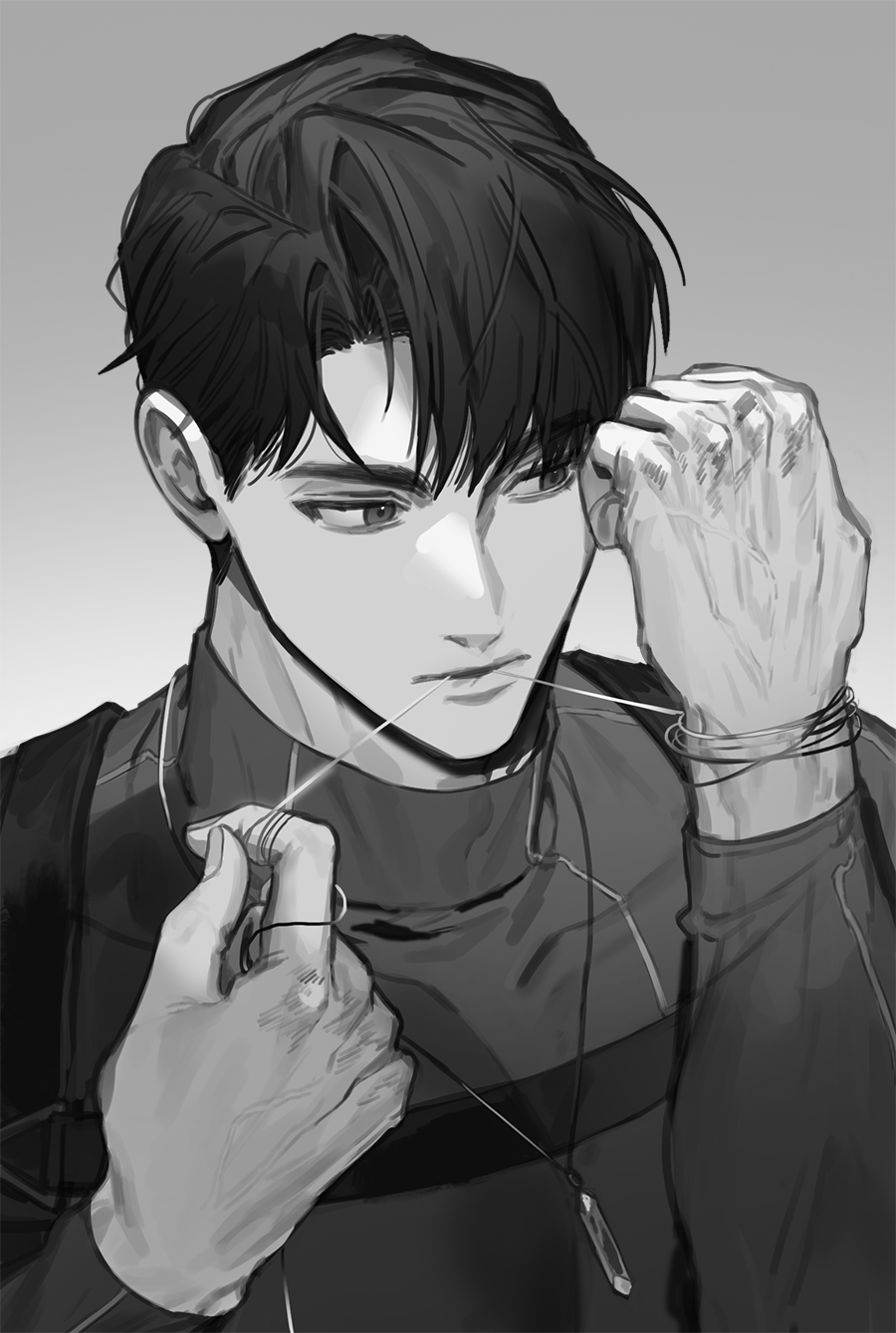 1boy, bodysuit, commentary_request, eoduun_badaui_deungbul-i_doeeo, grey_background, greyscale, highres, jewelry