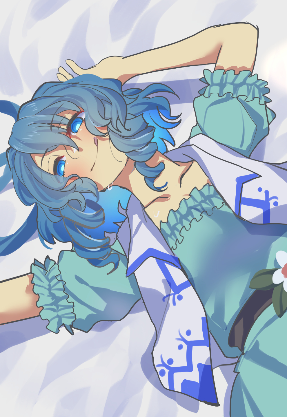 1girl, :q, arms_up, blue_dress, blue_eyes, blue_hair, blush, breasts, collarbone, commentary_request, dress, drill_hair, drill_sidelocks, flower, hair_between_eyes, hair_rings, highres, kaku_seiga, looking_at_viewer, lying, medium_hair, nayozane_(worker7), on_back, sidelocks, small_breasts, solo, tongue, tongue_out, touhou, twin_drills, vest, white_vest