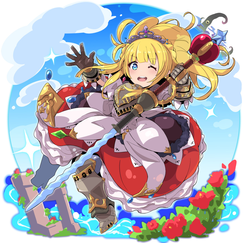 ;d, absurdres, armor, armored_boots, blonde_hair, blue_eyes, blue_sky, boots