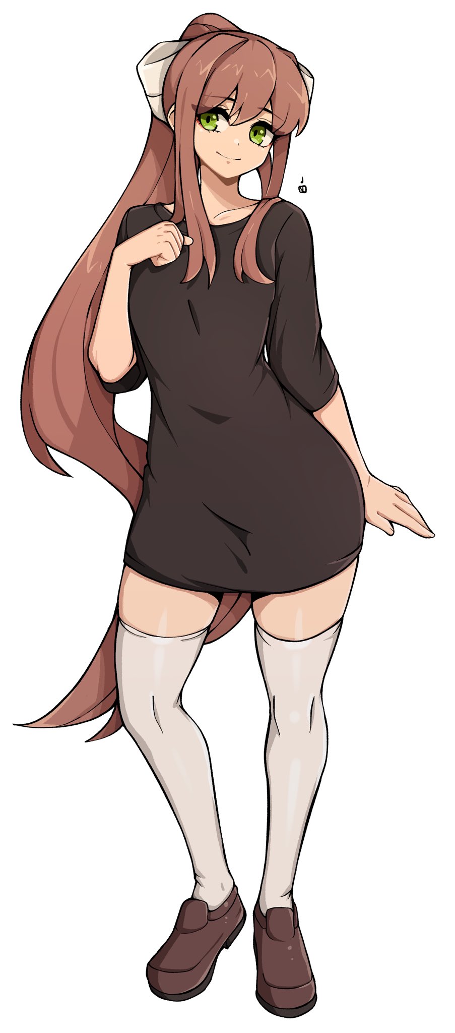 1girl, bow, brown_footwear, brown_hair, closed_mouth, collarbone, commentary, commission