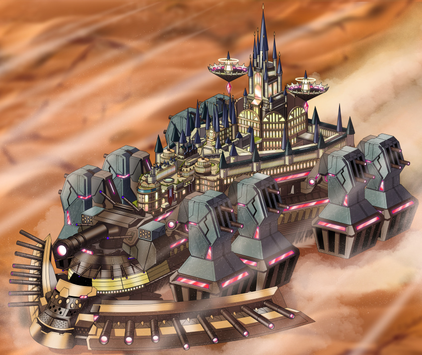 absurdres, building, cannon, commission, commissioner_upload, desert, duel_monster, dust, fortress, goldilocks_the_battle_landscraper, has_bad_revision, has_watermarked_revision, highres, landship, machine, md5_mismatch, mechanical_legs, no_humans, palace, rocket_launcher, sandstorm, saraki_yukata, spire, vehicle_focus, wall, weapon, yu-gi-oh!