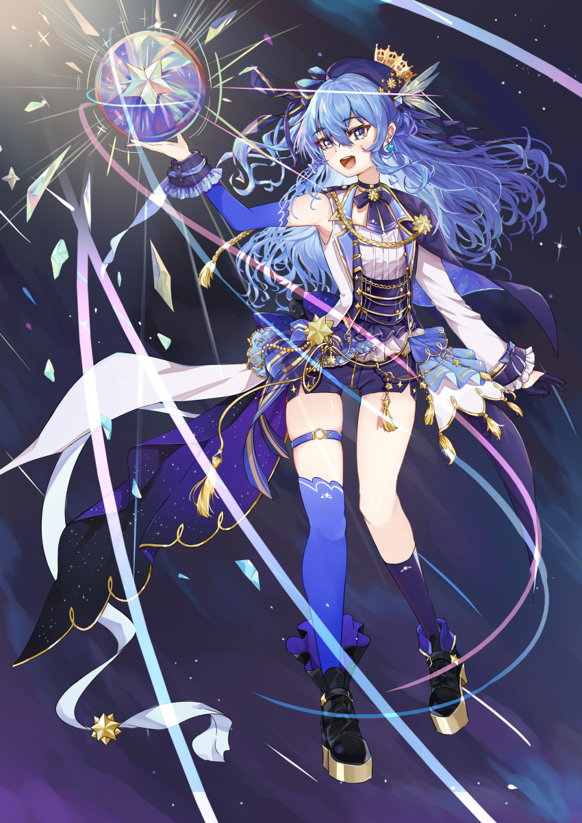 1girl, absurdres, asymmetrical_legwear, beret, blue_cape, blue_eyes, blue_gloves, blue_hair