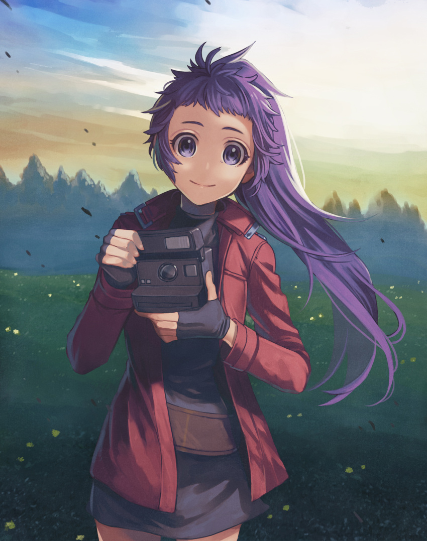1girl, arc_the_lad, black_skirt, camera, closed_mouth, earrings, fingerless_gloves, finia