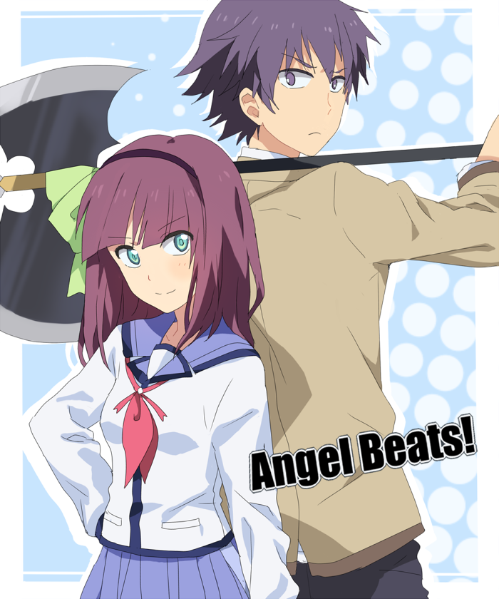 angel_beats!, axe, aya_(emo), back-to-back, green_eyes, hairband, noda_(angel_beats!), purple_hair