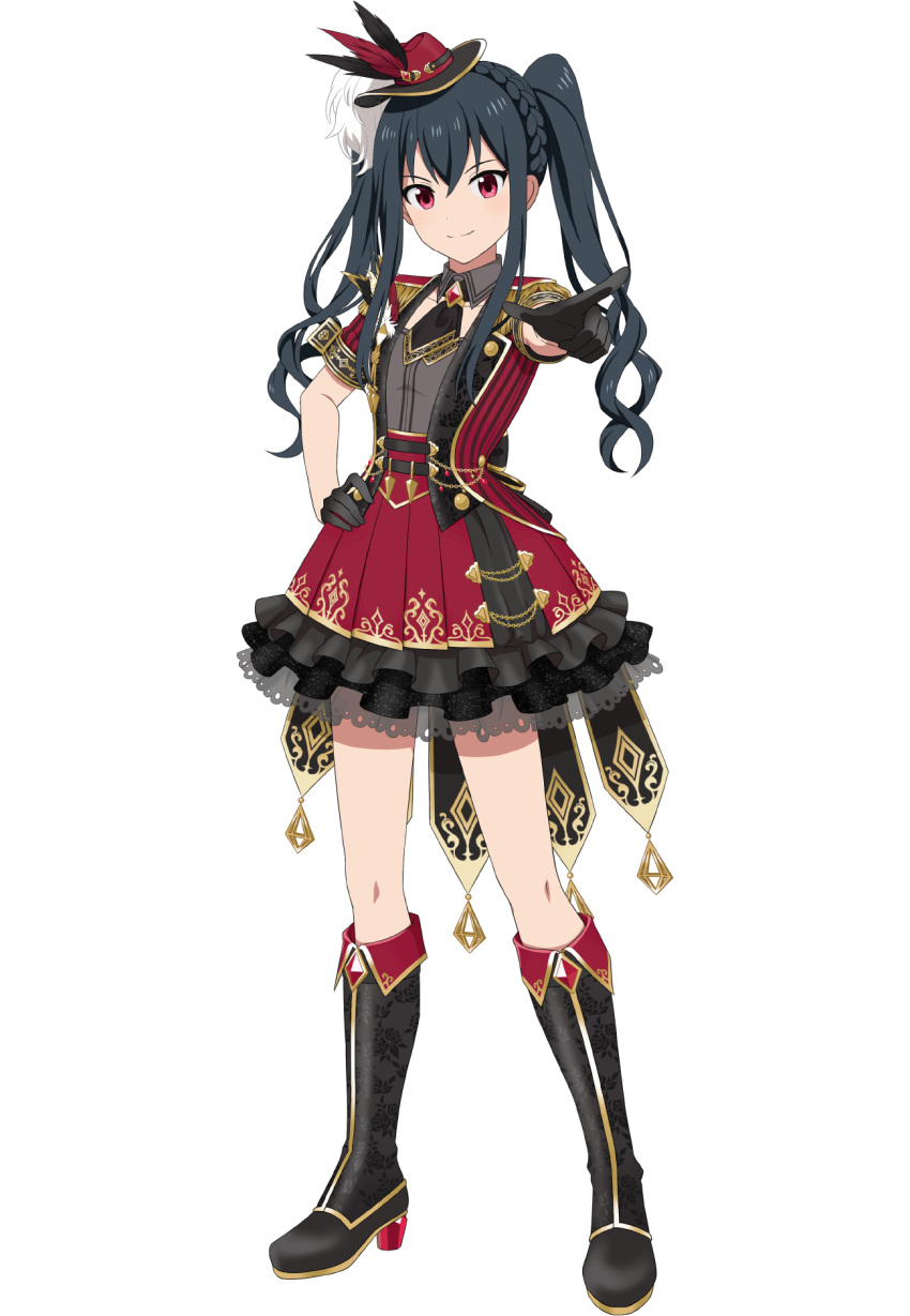 1girl, aya_(idolmaster_starlit_season), black_gloves, boots, braid, dress, english_commentary, full_body, gloves, hand_on_own_hip, hat, hat_feather, high_heel_boots, high_heels, highres, idol, idolmaster, idolmaster_starlit_season, mini_hat, official_art, smile, solo, tales_of_asteria, transparent_background, twintails, v, violet_eyes