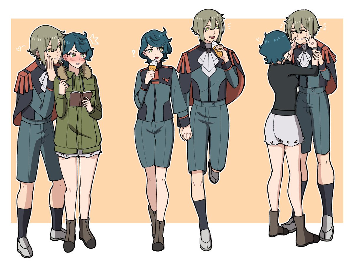 1boy, 1girl, asticassia_school_uniform, black_jacket, black_shirt, blue_hair, blue_shirt, blue_shorts