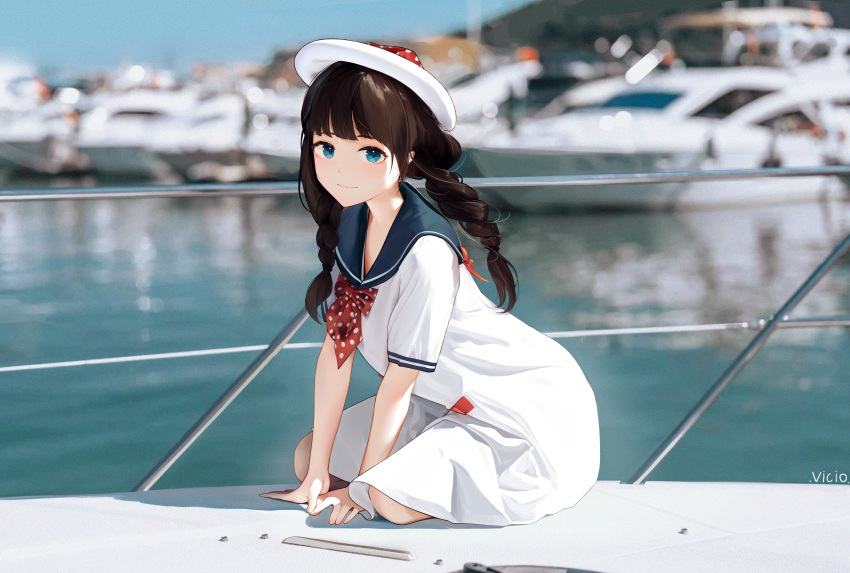 1girl, absurdres, arm_support, artist_name, blue_eyes, blue_sailor_collar, bow, bowtie