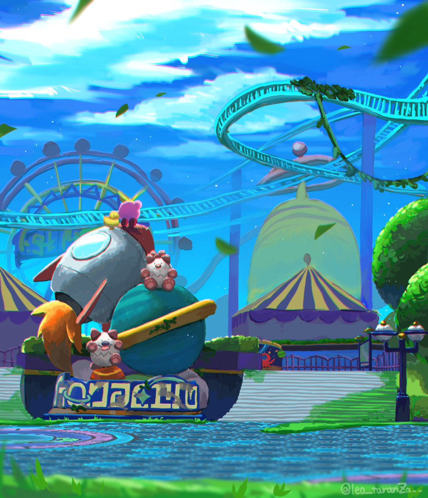 amusement_park, bird, blue_sky, clouds, colored_skin, creature, highres, kirby