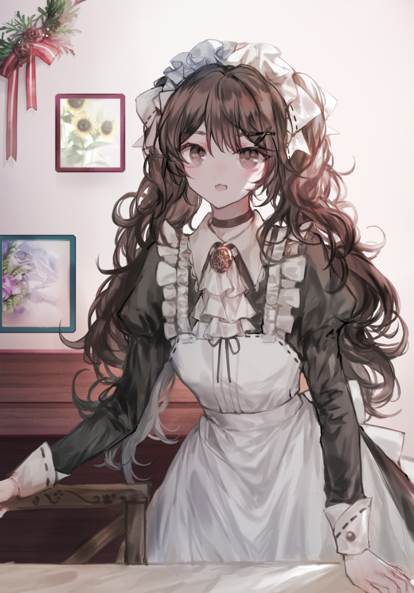 1girl, absurdres, apron, ascot, black_choker, black_dress, black_eyes, black_hair