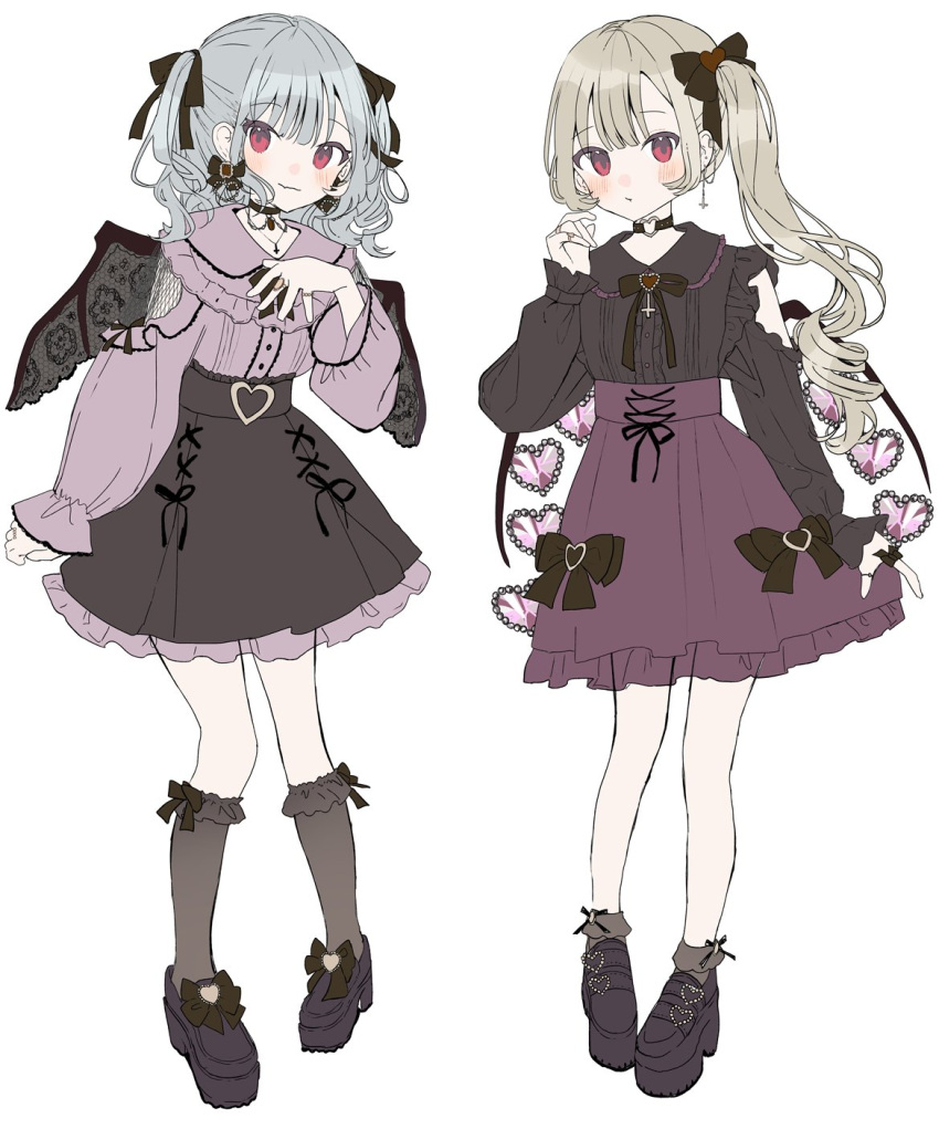 2girls, black_choker, black_ribbon, blonde_hair, blunt_bangs, blush, choker, curly_hair