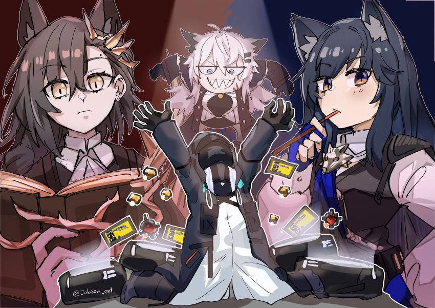 1other, 3girls, absurdres, animal_ear_fluff, animal_ears, antenna_hair, arknights, arms_up, bag, black_coat, black_dress, black_gloves, black_hair, black_nails, black_vest, blue_gloves, blue_necktie, book, braid, brown_eyes, coat, crying, doctor_(arknights), dress, earrings, eating, extra_ears, fingerless_gloves, food, gloves, grey_hair, grin, hair_between_eyes, headhunting_permit_(arknights), highres, hood, hood_up, hooded_coat, jewelry, kneeling, lappland_(arknights), lappland_(refined_horrormare)_(arknights), long_hair, long_sleeves, looking_at_viewer, multiple_girls, nail_polish, necktie, official_alternate_costume, open_book, open_clothes, open_coat, orundum_(arknights), penance_(arknights), pocky, reading, sharp_teeth, shirt, single_braid, sleepyowl_(jobkung15), smile, spotlight, streaming_tears, stud_earrings, tears, teeth, texas_(arknights), twitter_username, v-shaped_eyebrows, vest, white_shirt, wolf_ears, yellow_eyes
