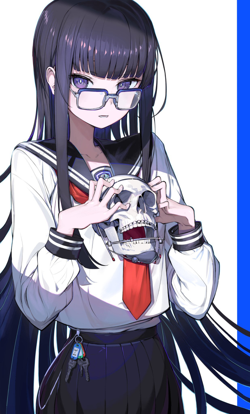 1girl, black_hair, black_sailor_collar, black_skirt, blue-framed_eyewear, blue_background, blunt_bangs, cowboy_shot